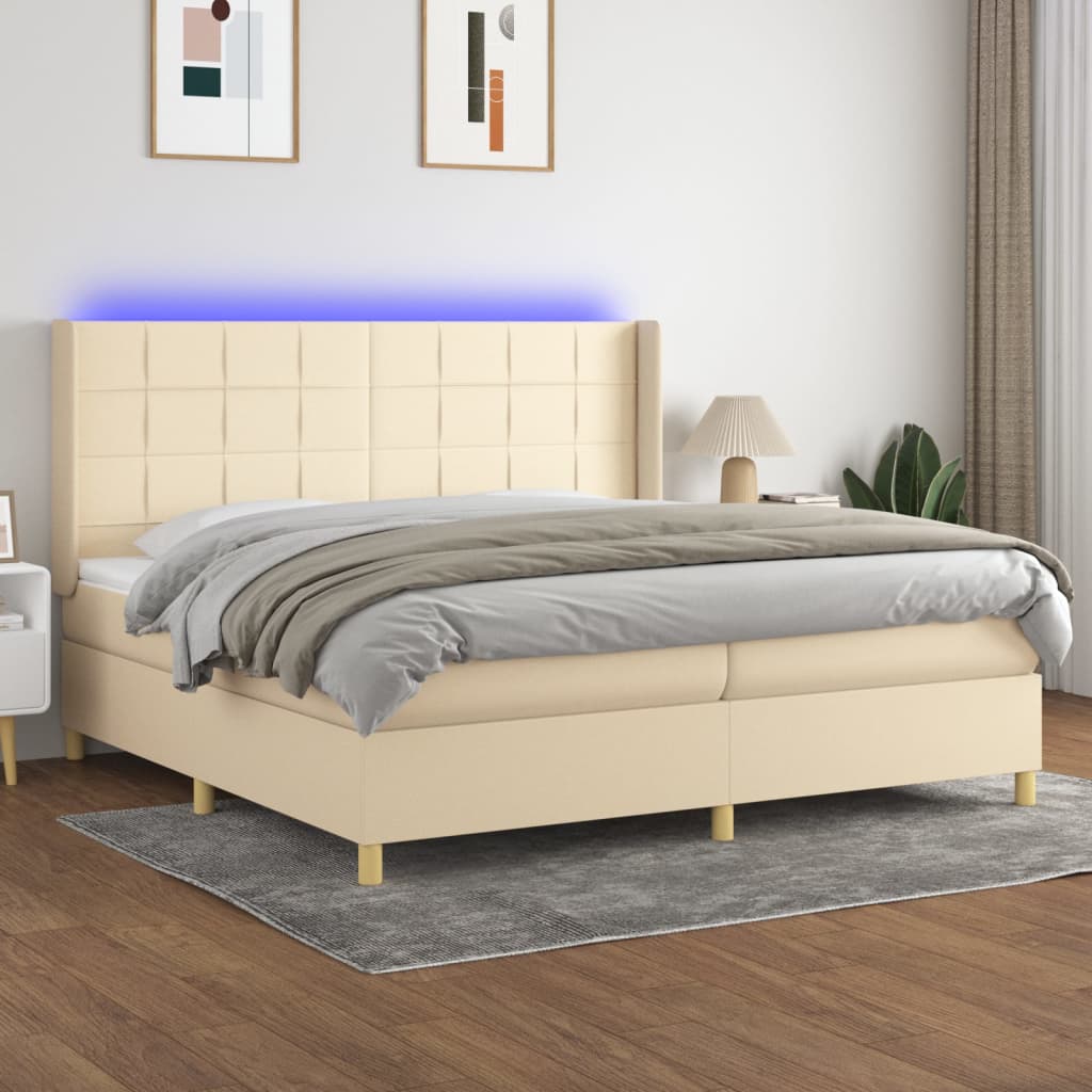 Sommier tapissier et matelas et LED Crème 200x200 cm Tissu