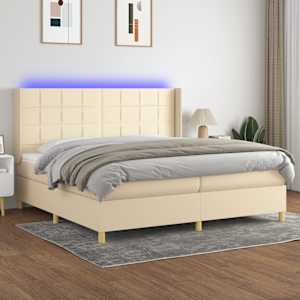 Box spring postel s matrací a LED krémová 200x200 cm textil - obrázek 1