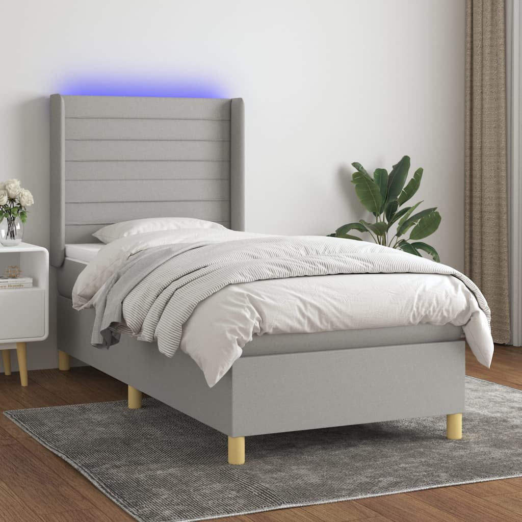 vidaXL Boxspringbett mit Matratze & LED Hellgrau 90x190 cm Stoff