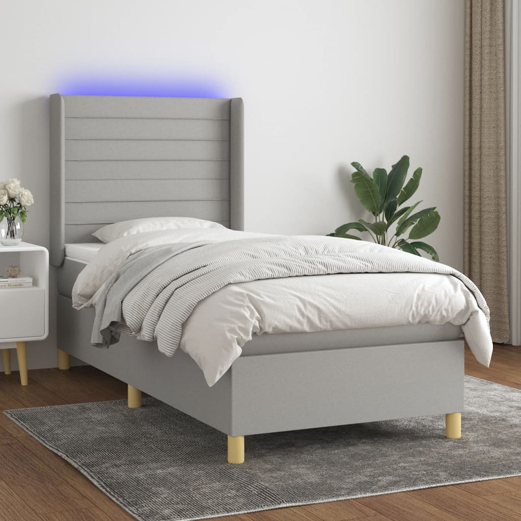 vidaXL Boxspringbett mit Matratze & LED Hellgrau 90x200 cm Stoff