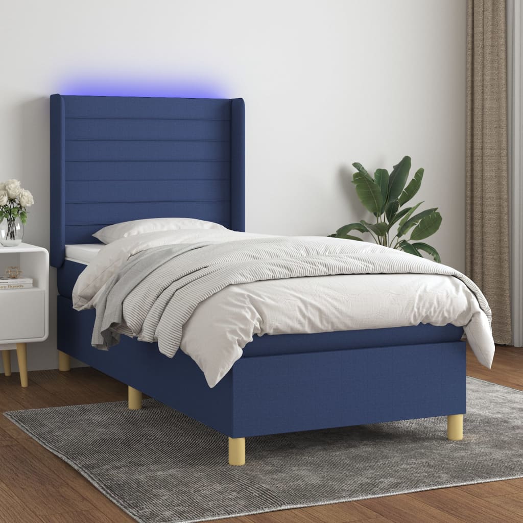 Boxspringbett mit Matratze & LED Blau 90×200 cm Stoff