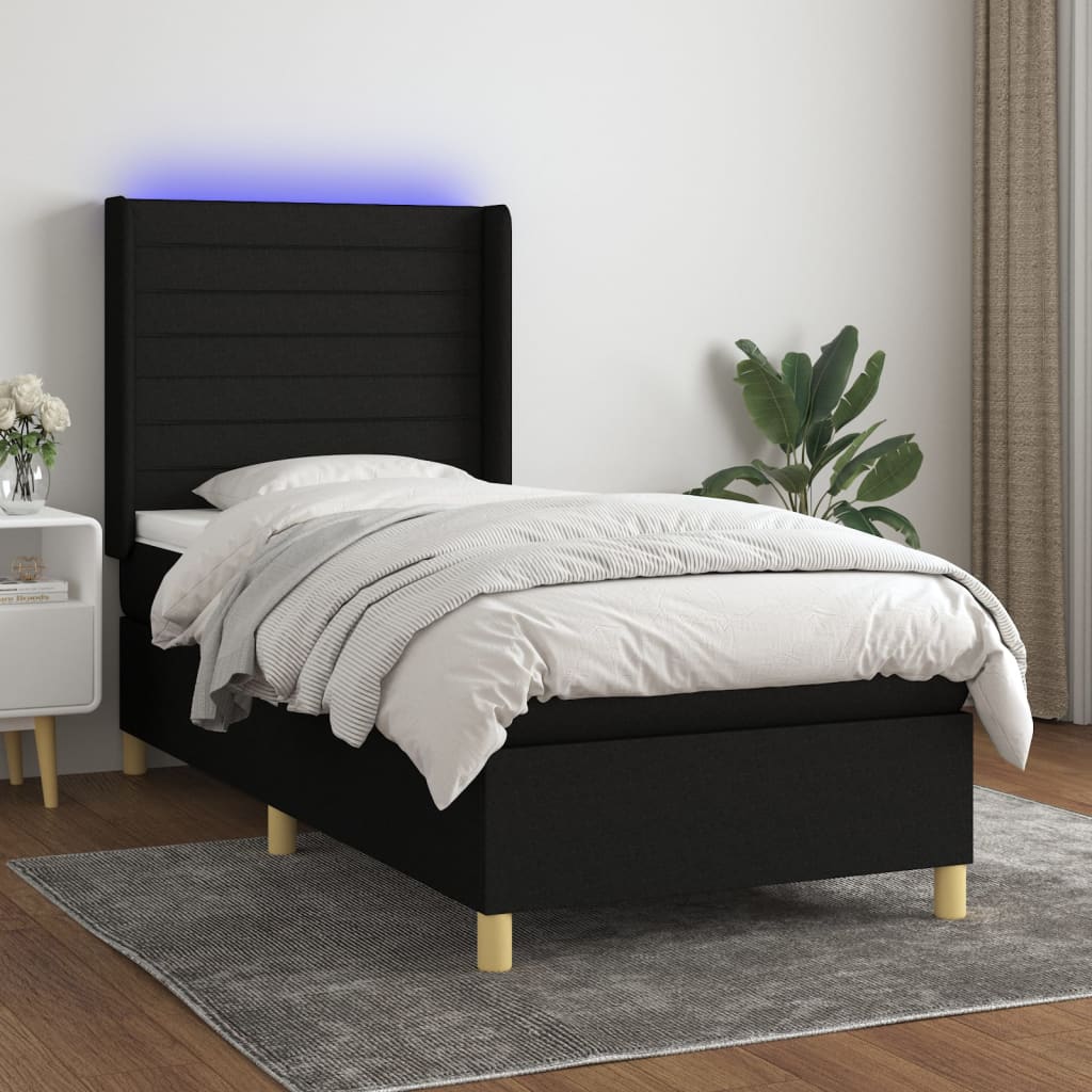 Fekete szövet rugós és LED-es ágy matraccal 100x200 cm 