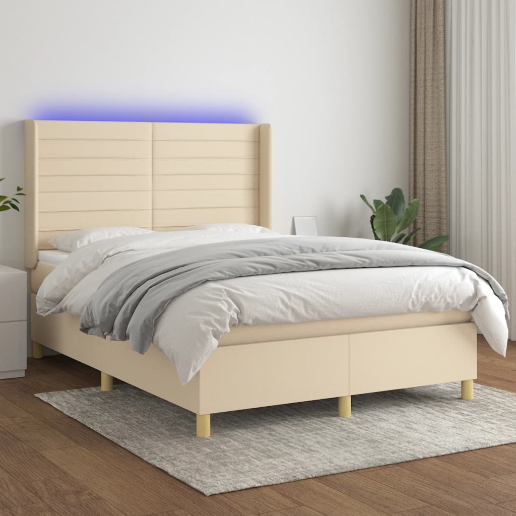 vidaXL Boxspringbett mit Matratze & LED Creme 140x190 cm Stoff