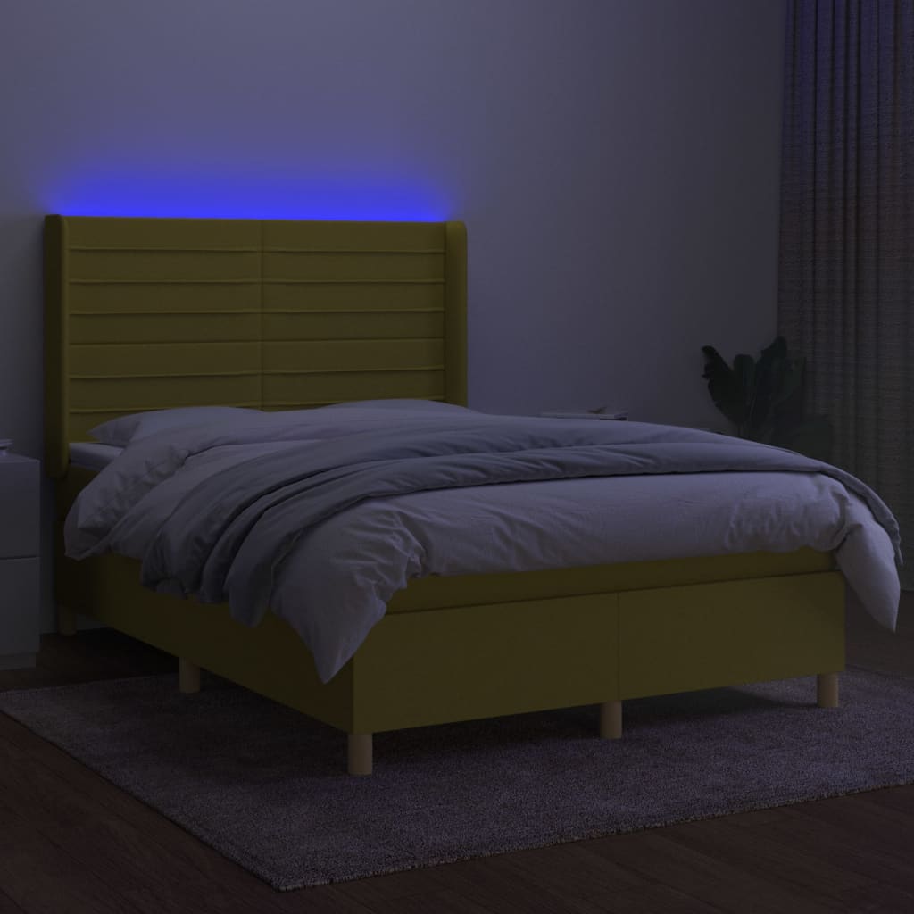 Box spring postel s matrací a LED zelená 140x190 cm textil