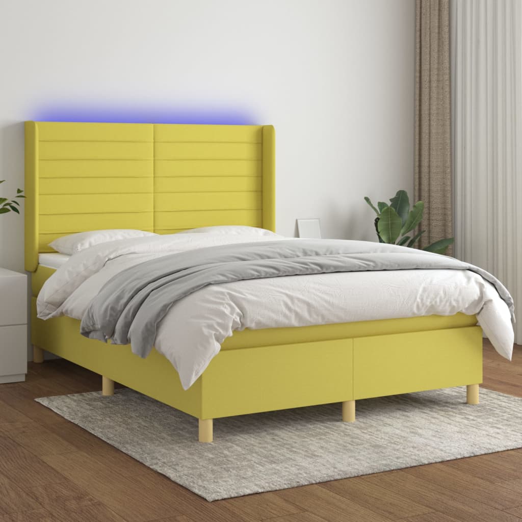 Box spring postel s matrací a LED zelená 140x190 cm textil