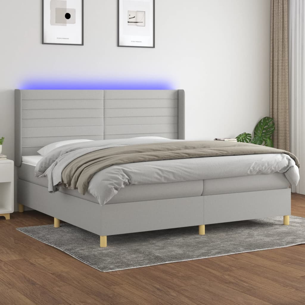 vidaXL Boxspringbett mit Matratze & LED Hellgrau 200x200 cm Stoff