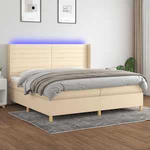 Box spring postel s matrací a LED krémová 200x200 cm textil - obrázek 1