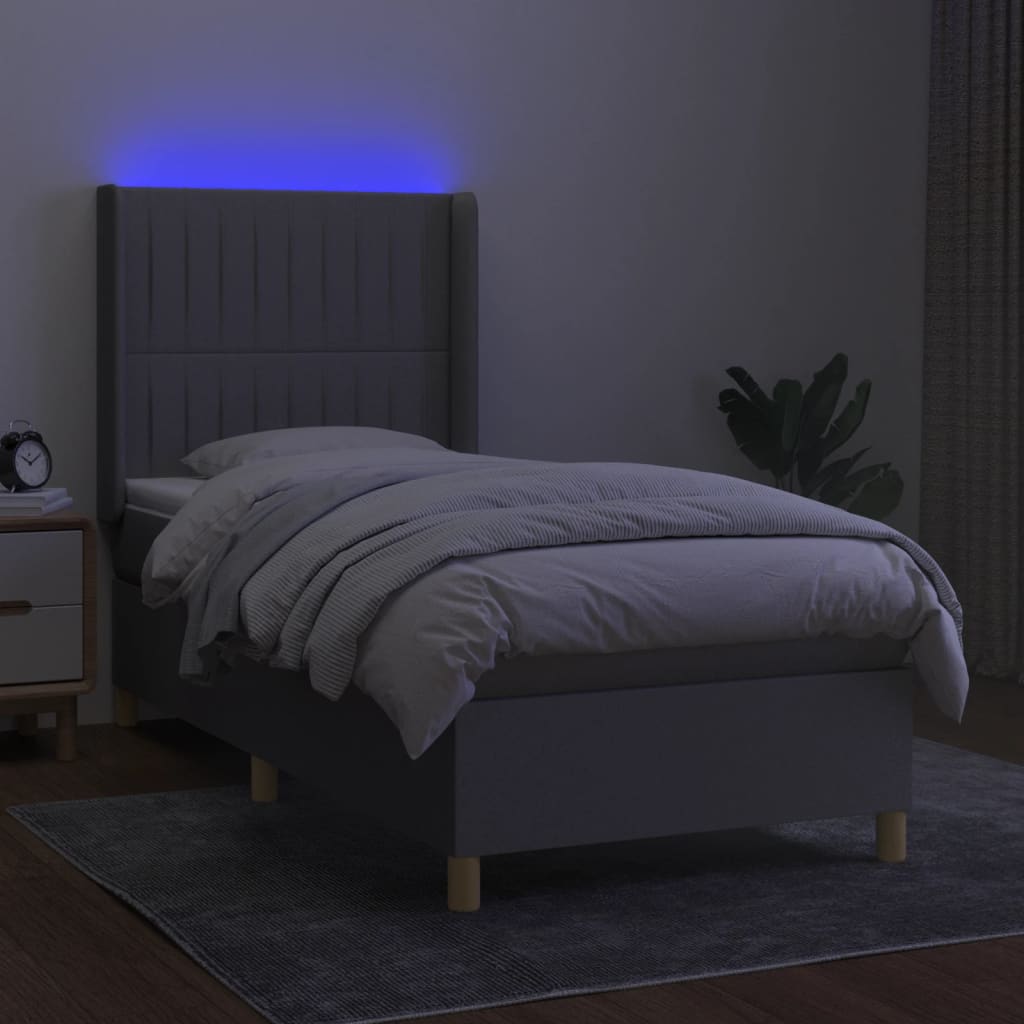 vidaXL Boxspring met matras en LED stof lichtgrijs 90x190 cm afbeelding