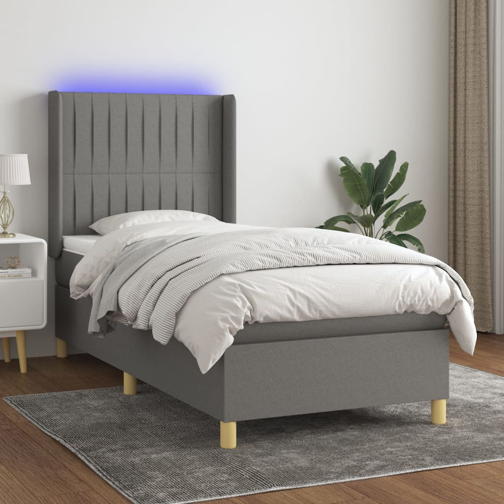 Box spring postel s matrací a LED tmavě šedá 100x200 cm textil