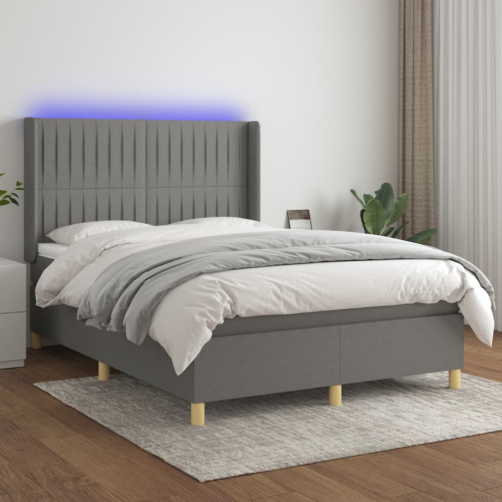 Sötétszürke szövet rugós és LED-es ágy matraccal 140x190 cm 