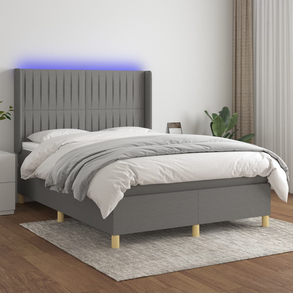 vidaXL Boxspringbett mit Matratze & LED Dunkelgrau 140x200 cm Stoff