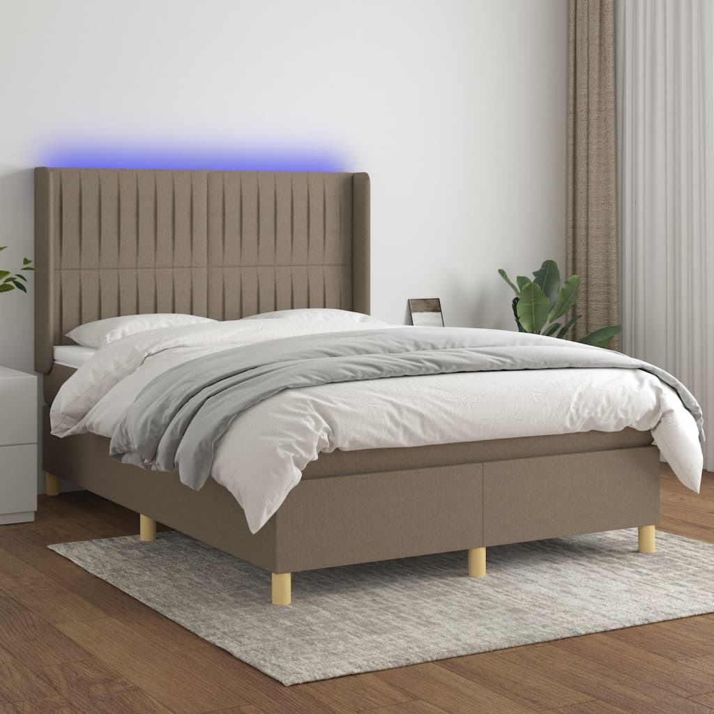 vidaXL Pat cu arcuri, saltea și LED, gri taupe, 140×200 cm, textil 140x200 imagine noua