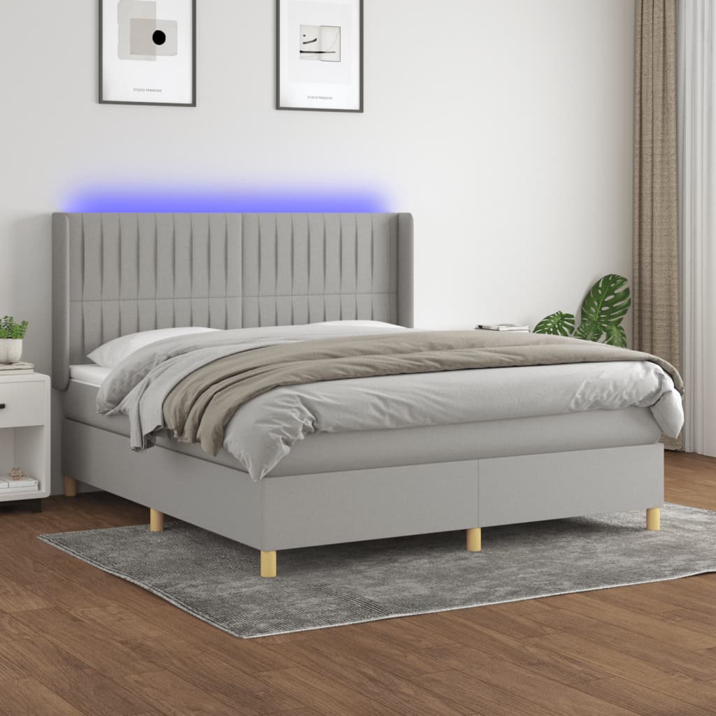 vidaXL Boxspringbett mit Matratze & LED Hellgrau 180x200 cm Stoff