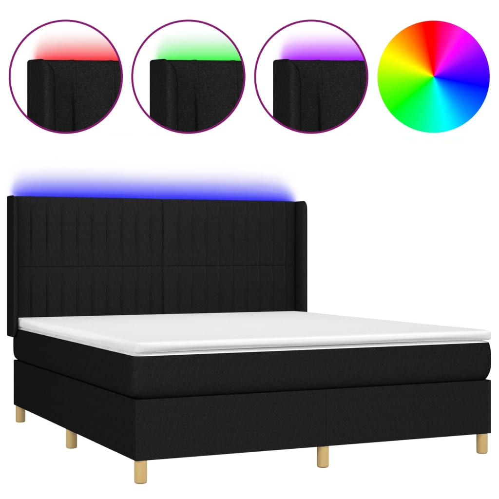 Fekete szövet rugós és LED-es ágy matraccal 180 x 200 cm 