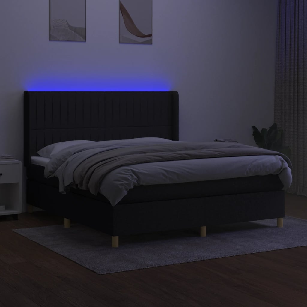 Fekete szövet rugós és LED-es ágy matraccal 180 x 200 cm 