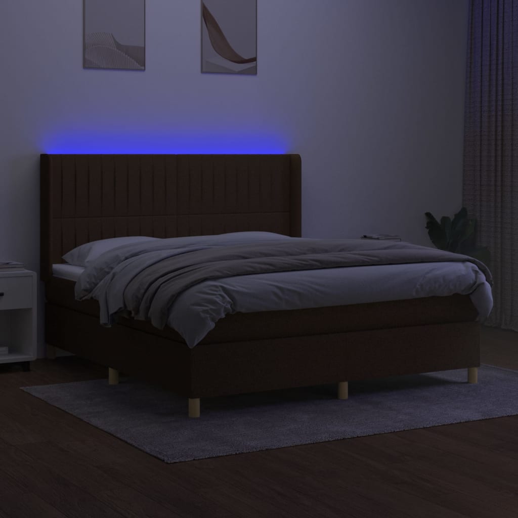 vidaXL Boxspring met matras en LED stof donkerbruin 180x200 cm afbeelding