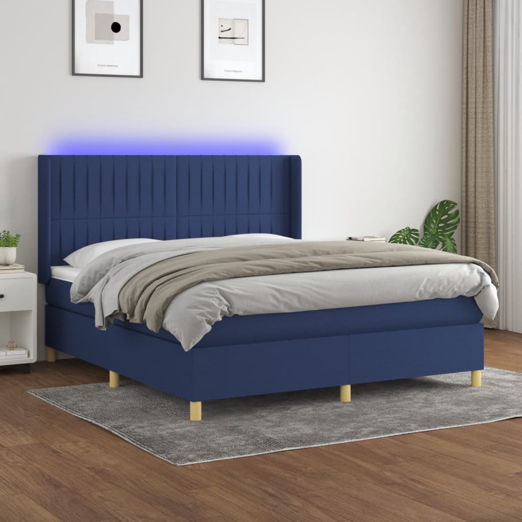 vidaXL Pat cu arcuri, saltea și LED, albastru, 180×200 cm, textil vidaXL imagine noua