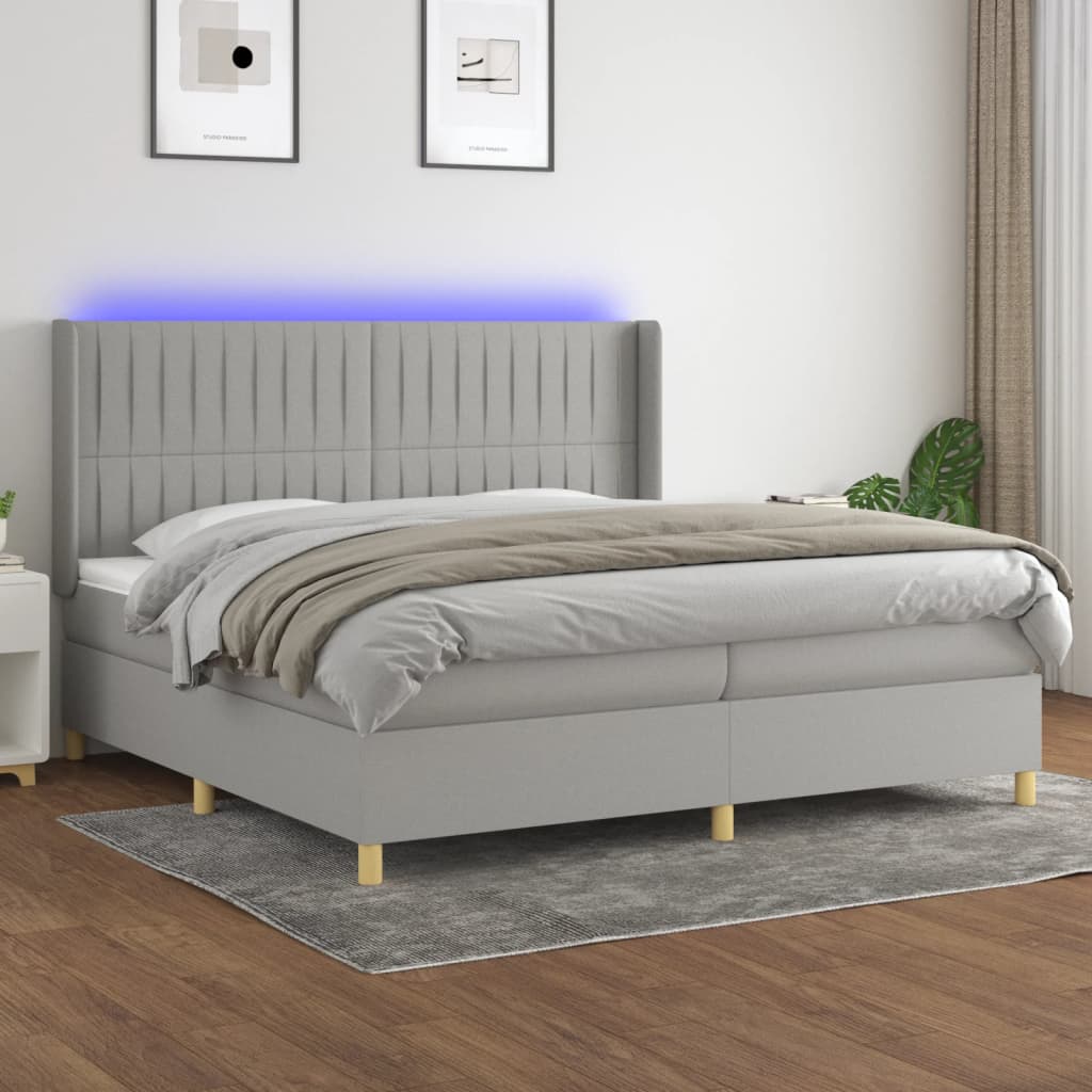 Box spring postel s matrací a LED světle šedá 200x200 cm textil