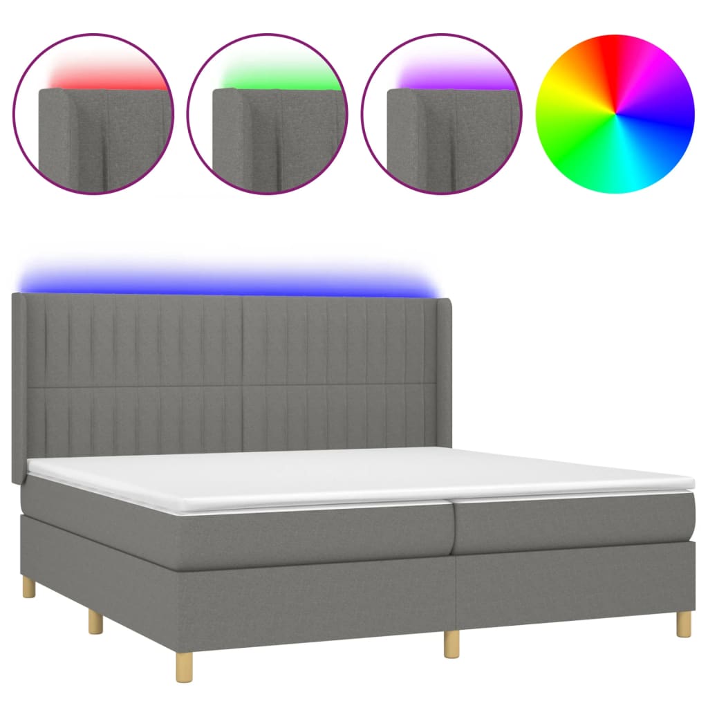 vidaXL Box spring postelja z vzmetnico LED temno siva 200x200 cm blago