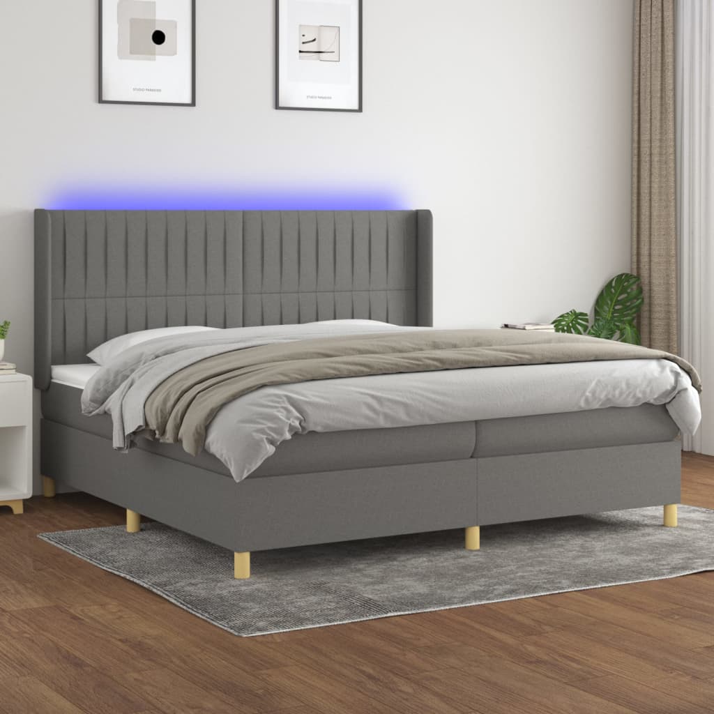 Box spring postel s matrací a LED tmavě šedá 200x200 cm textil