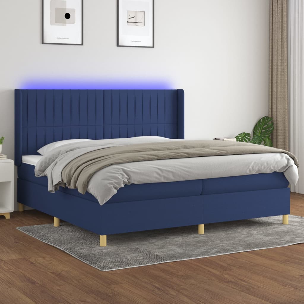 vidaXL Pat cu arcuri, saltea și LED, albastru, 200×200 cm, textil 200x200 imagine noua