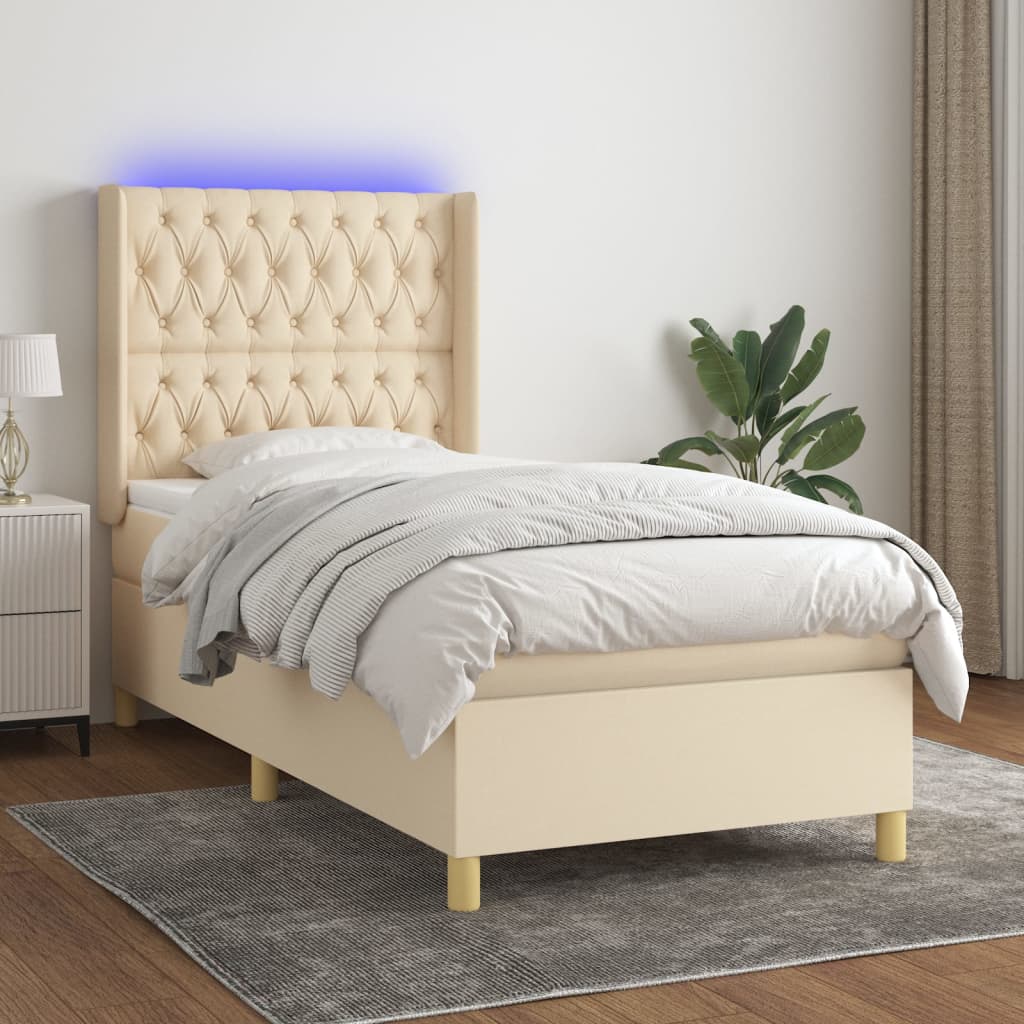 vidaXL Boxspringbett mit Matratze & LED Creme 90x190 cm Stoff