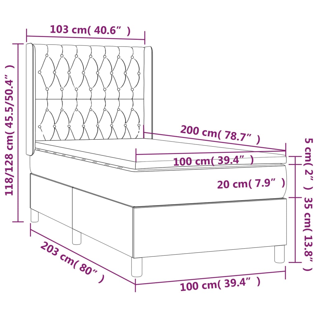 sötétszürke szövet rugós és LED-es ágy matraccal 100x200 cm
