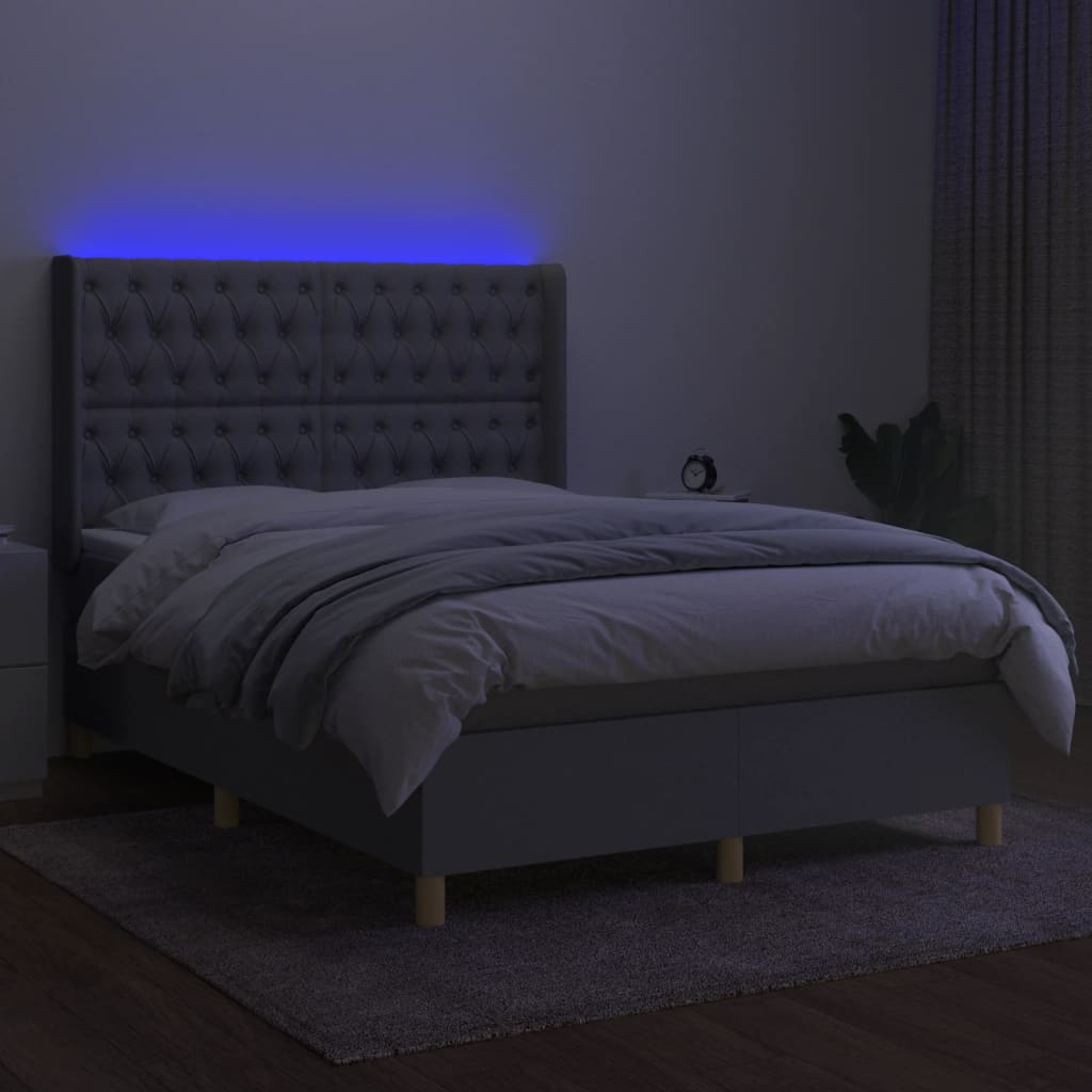 vidaXL Boxspring met matras en LED stof lichtgrijs 140x190 cm afbeelding