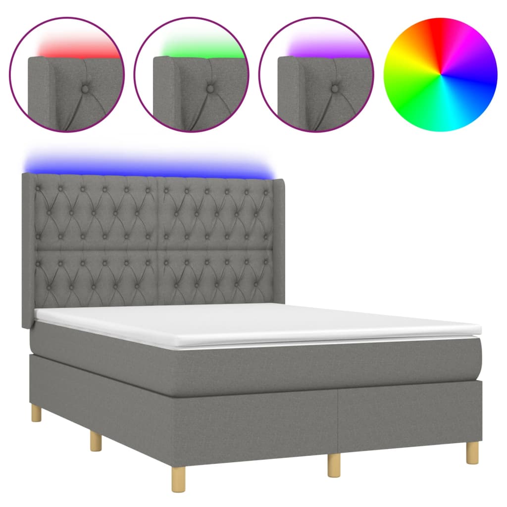 vidaXL Box spring postelja z vzmetnico LED temno siva 140x190 cm blago