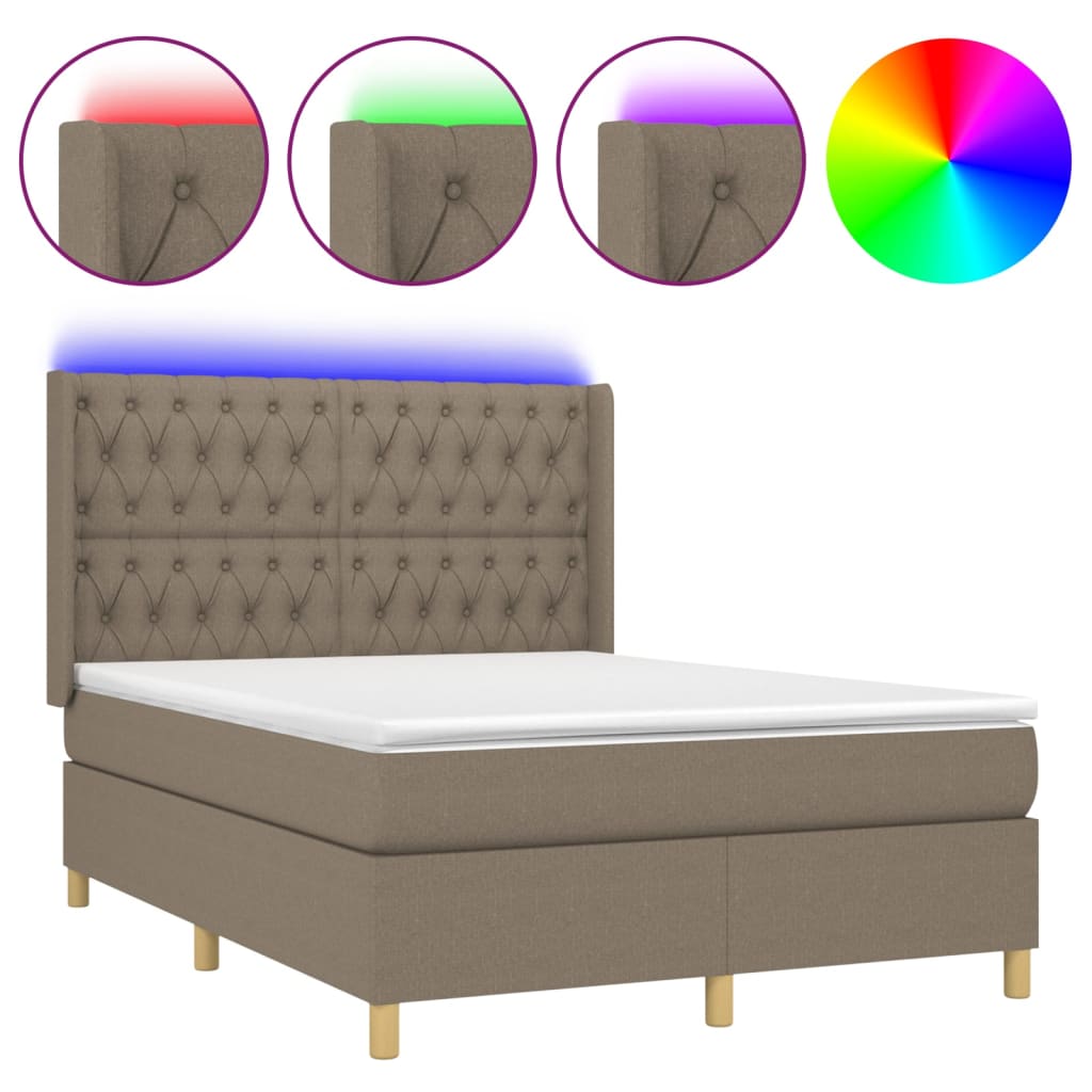 vidaXL Box spring postelja z vzmetnico LED taupe 140x190 cm blago