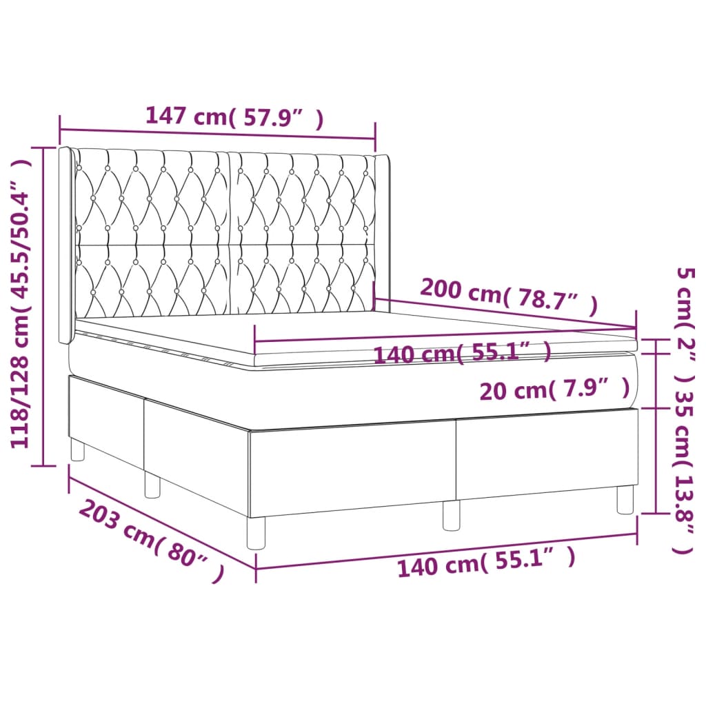 sötétszürke szövet rugós és LED-es ágy matraccal 140x200 cm