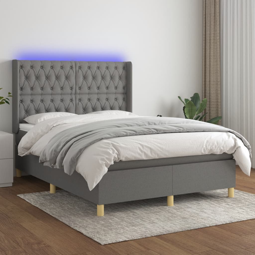 sötétszürke szövet rugós és LED-es ágy matraccal 140x200 cm