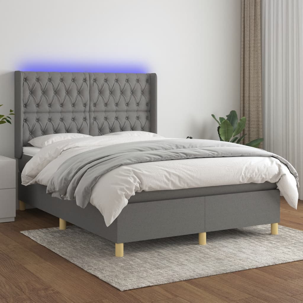 vidaXL Boxspringbett mit Matratze & LED Dunkelgrau 140x200 cm Stoff