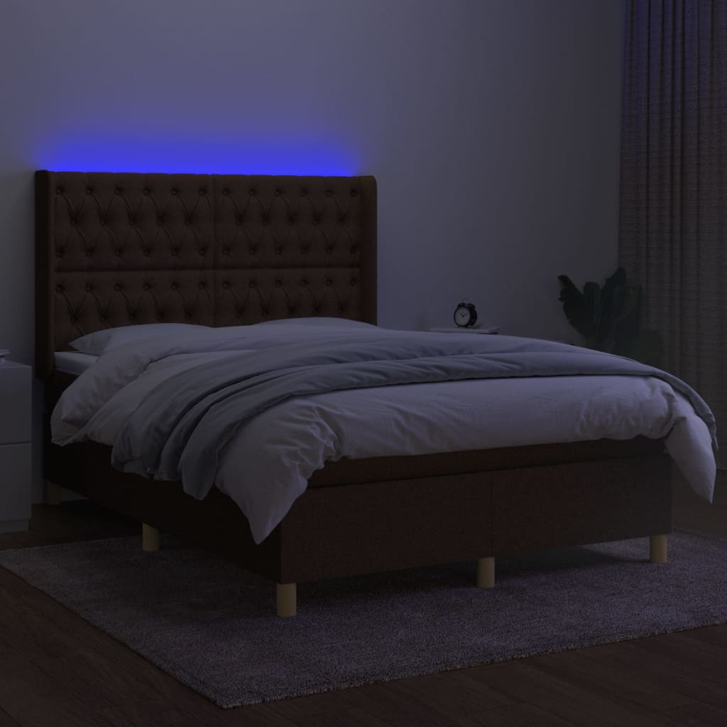 Box spring postel s matrací a LED tmavě hnědá 140x200 cm textil