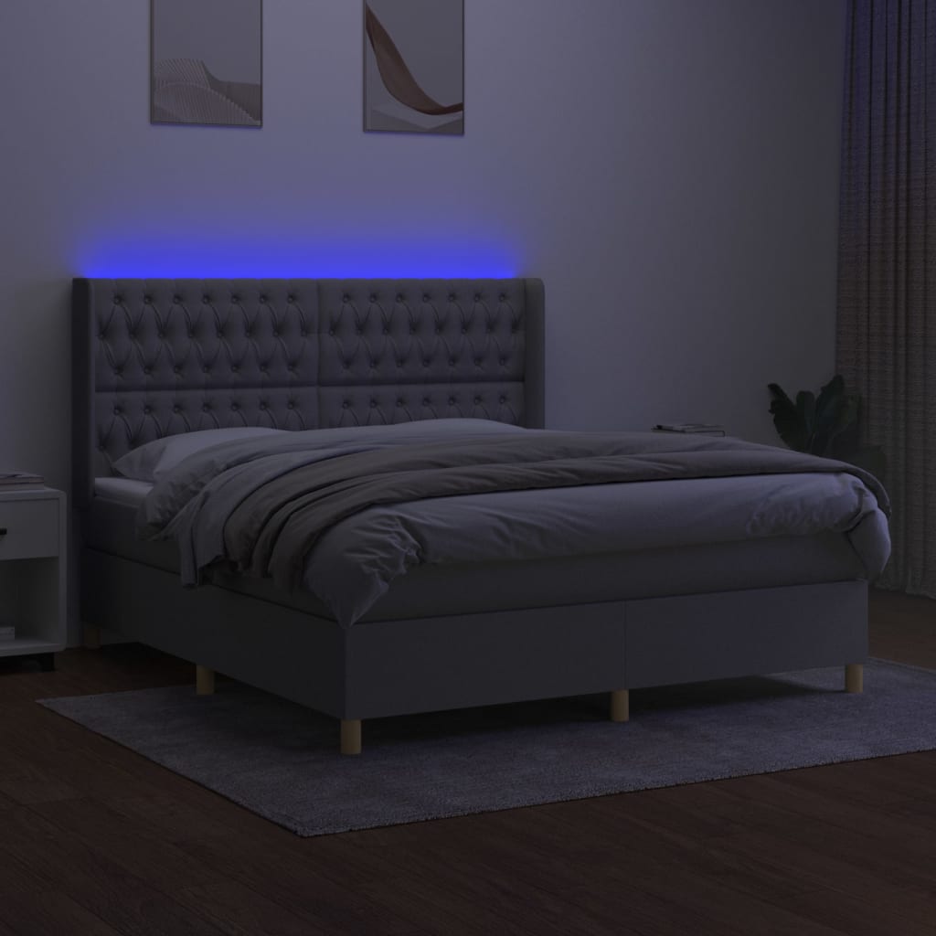 vidaXL Boxspring met matras en LED stof lichtgrijs 160x200 cm afbeelding