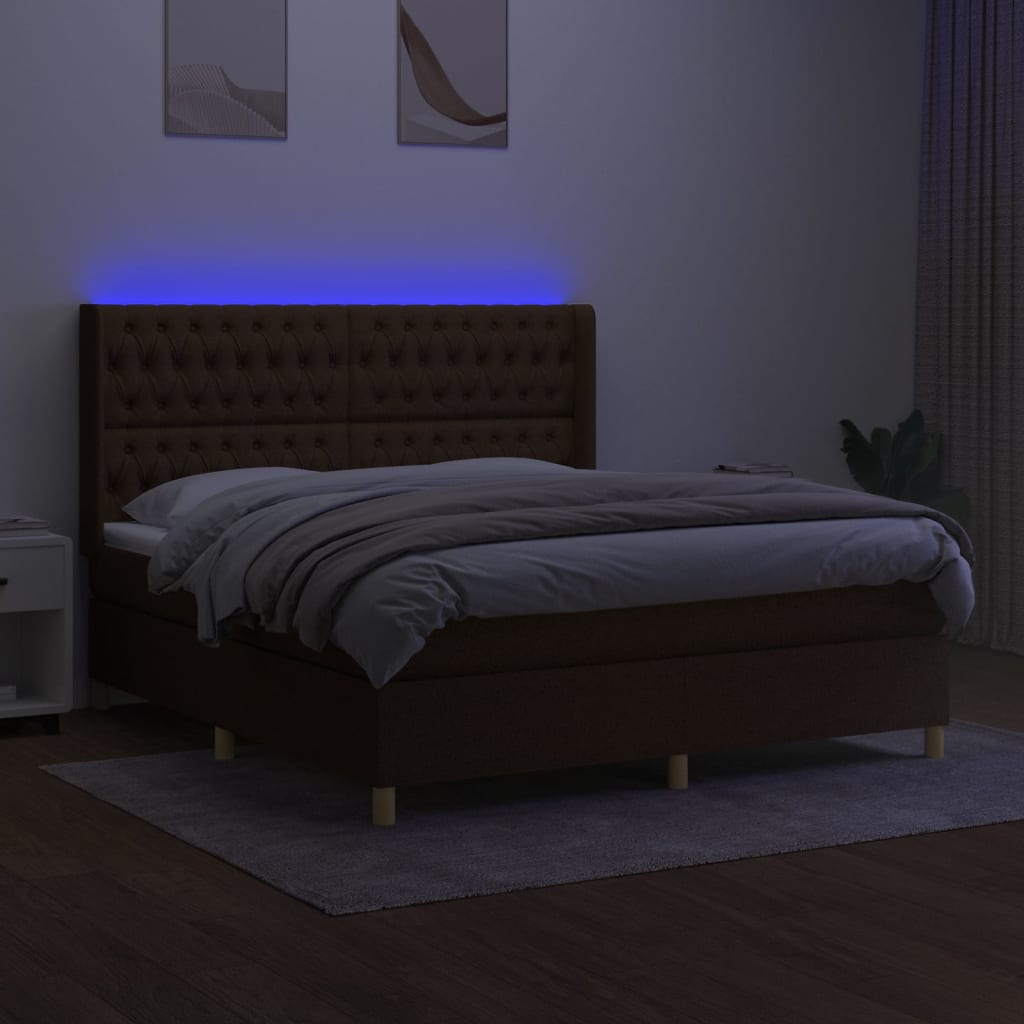 vidaXL Boxspring met matras en LED stof donkerbruin 160x200 cm afbeelding