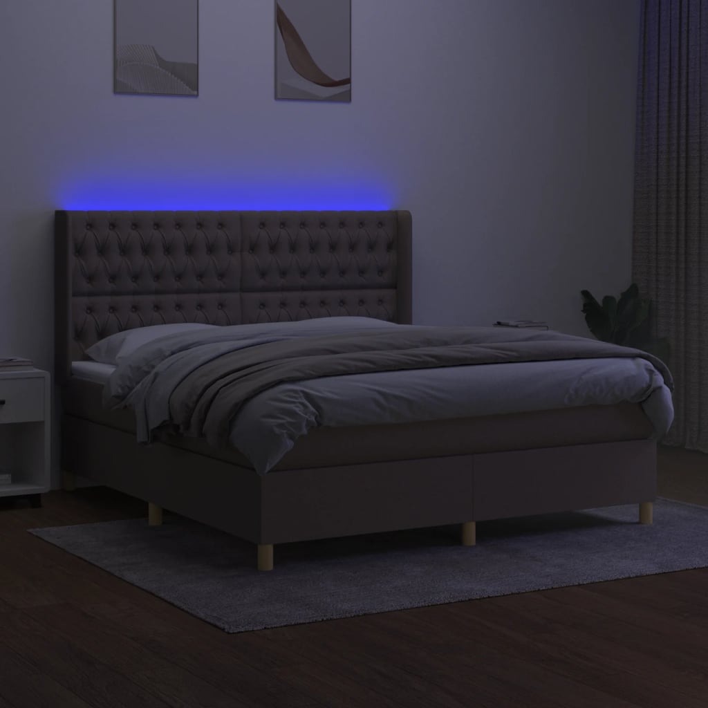 vidaXL Krevet box spring s madracem LED smeđesivi 180x200 cm tkanina