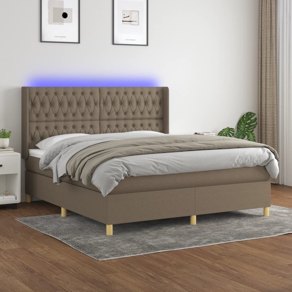 vidaXL Pat cu arcuri, saltea și LED, gri taupe, 180x200 cm, textil