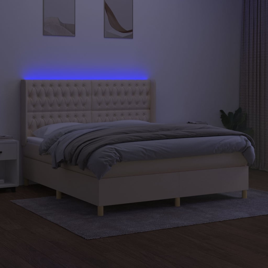 vidaXL Boxspring met matras en LED stof crèmekleurig 180x200 cm afbeelding