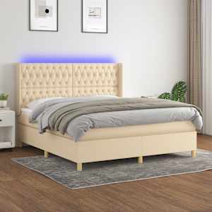 Box spring postelja z vzmetnico LED krem 180x200 cm blago