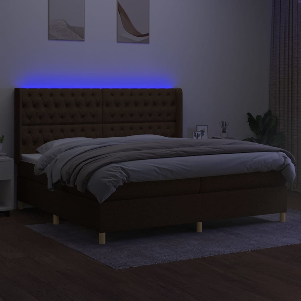 Box spring postelja z vzmetnico LED temno rjava 200x200cm blago