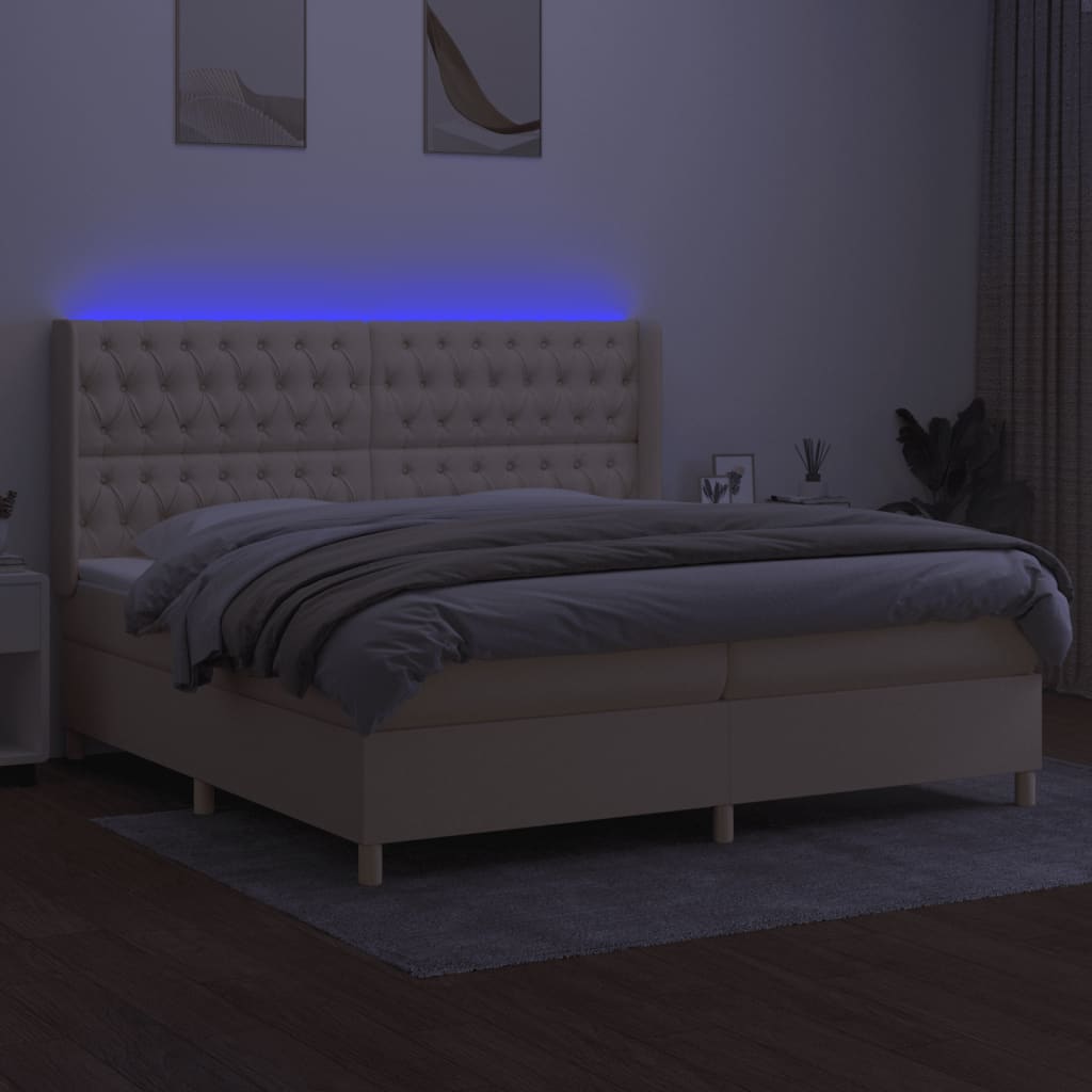 Box spring postelja z vzmetnico LED krem 200x200 cm blago