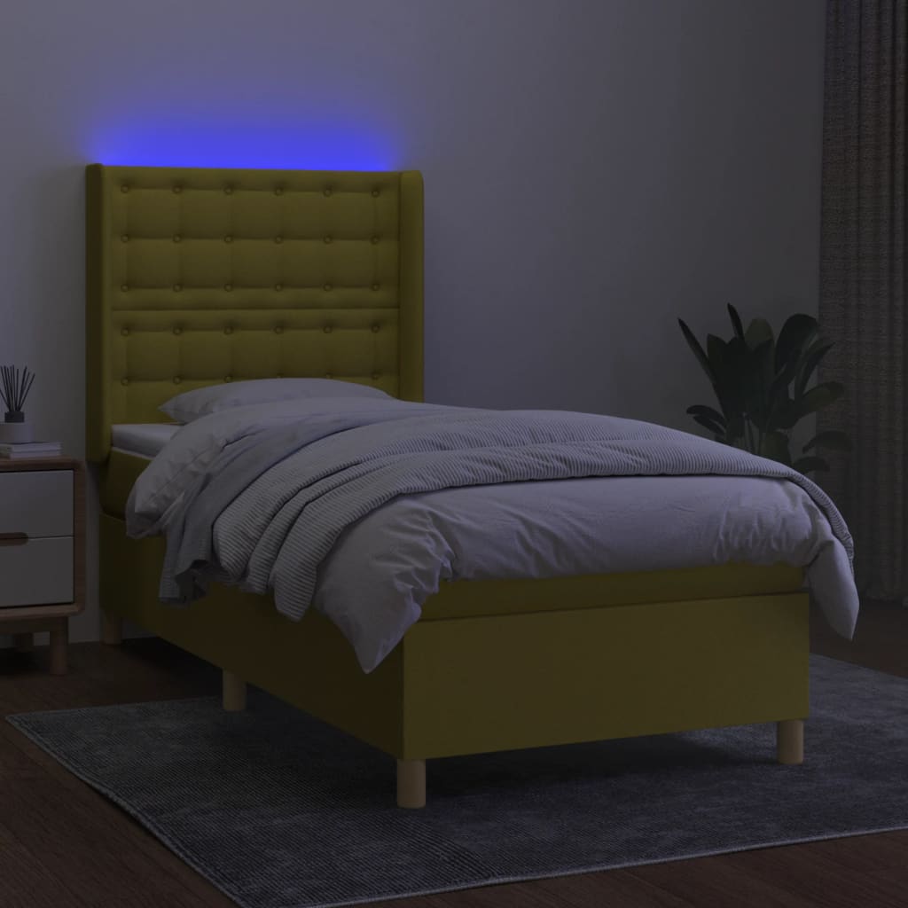 Zöld szövet rugós és LED-es ágy matraccal 90x190 cm 