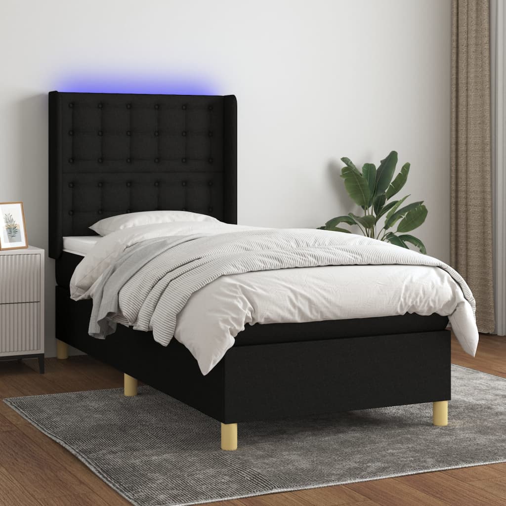 Fekete szövet rugós és LED-es ágy matraccal 90x200 cm 