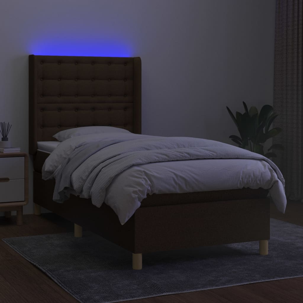 Barna szövet rugós és LED-es ágy matraccal 90x200 cm 