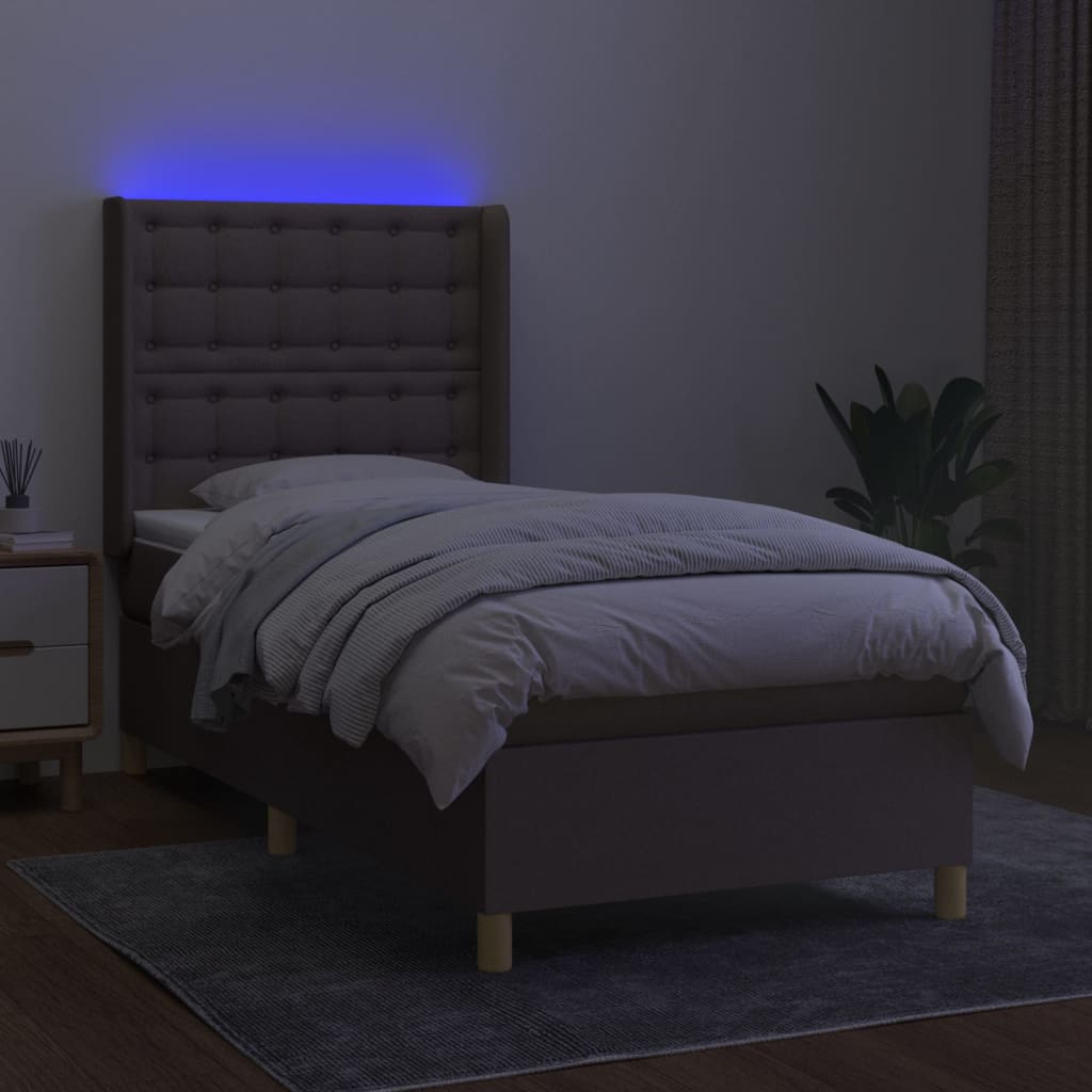 Krevet box spring s madracem LED smeđesivi 90x200 cm tkanina