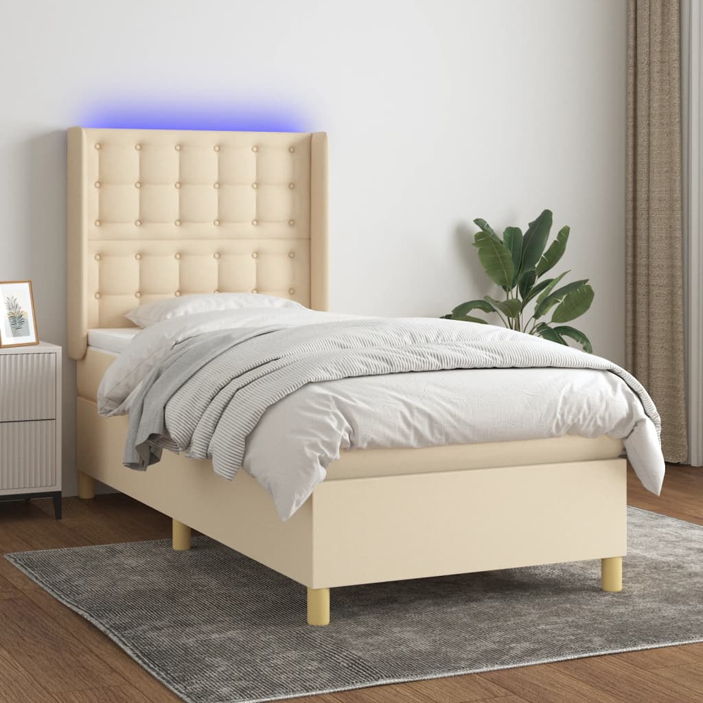 vidaXL Boxspringbett mit Matratze & LED Creme 90x200 cm Stoff