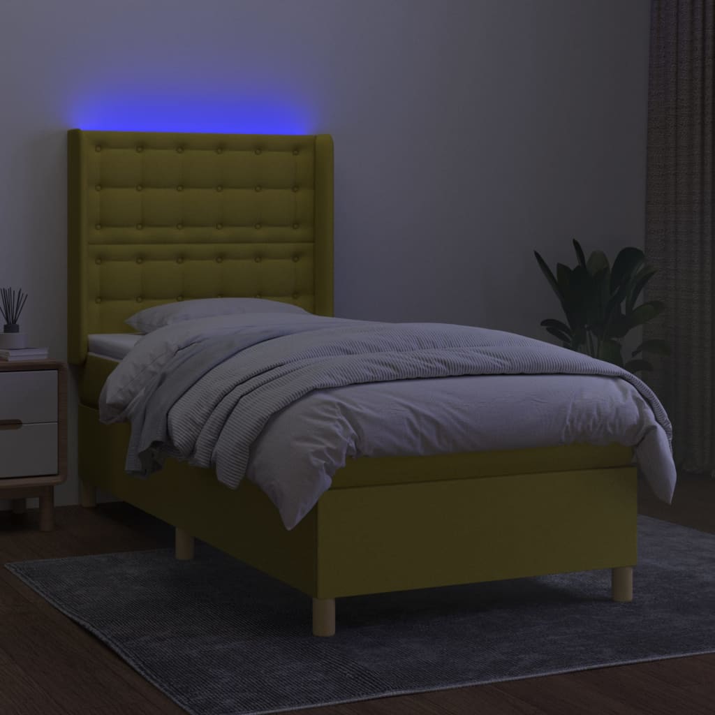 Zöld szövet rugós és LED-es ágy matraccal 90x200 cm 