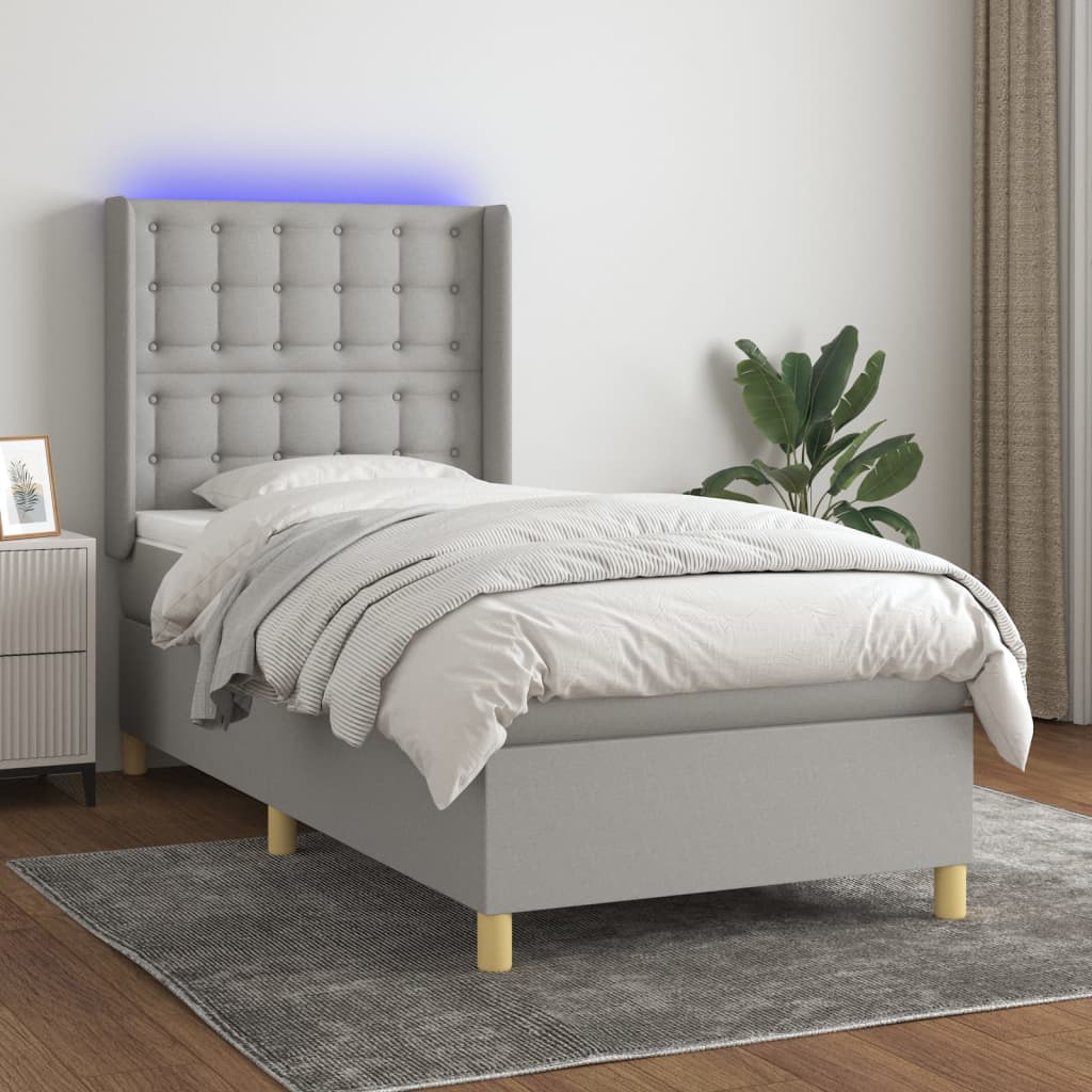 vidaXL Boxspringbett mit Matratze & LED Hellgrau 100x200 cm Stoff