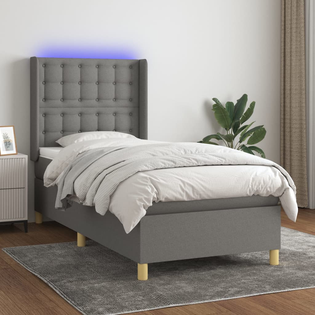 Sötétszürke szövet rugós és LED-es ágy matraccal 100x200 cm 
